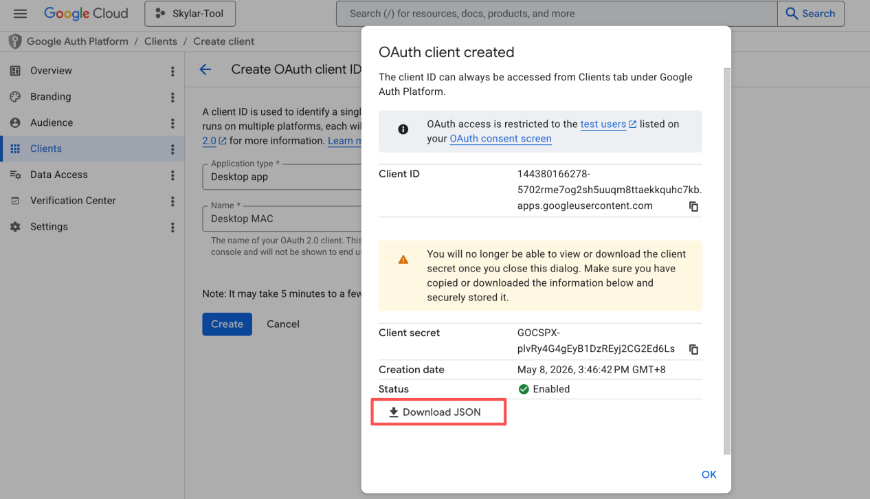 Figure 17 - Download the OAuth client JSON