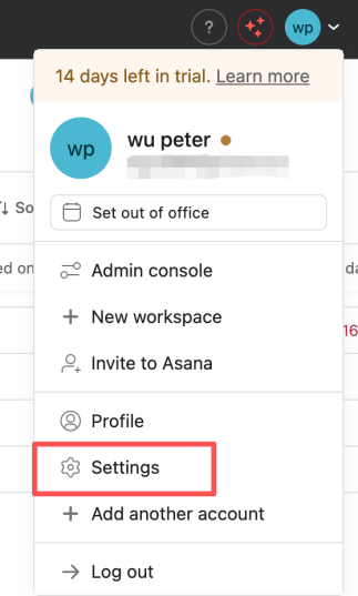 Figure 19 - Open Asana Apps settings