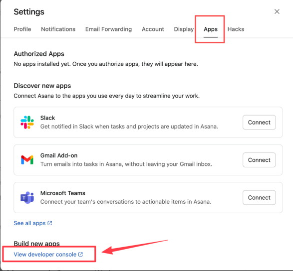 Figure 20 - Open the Asana developer console